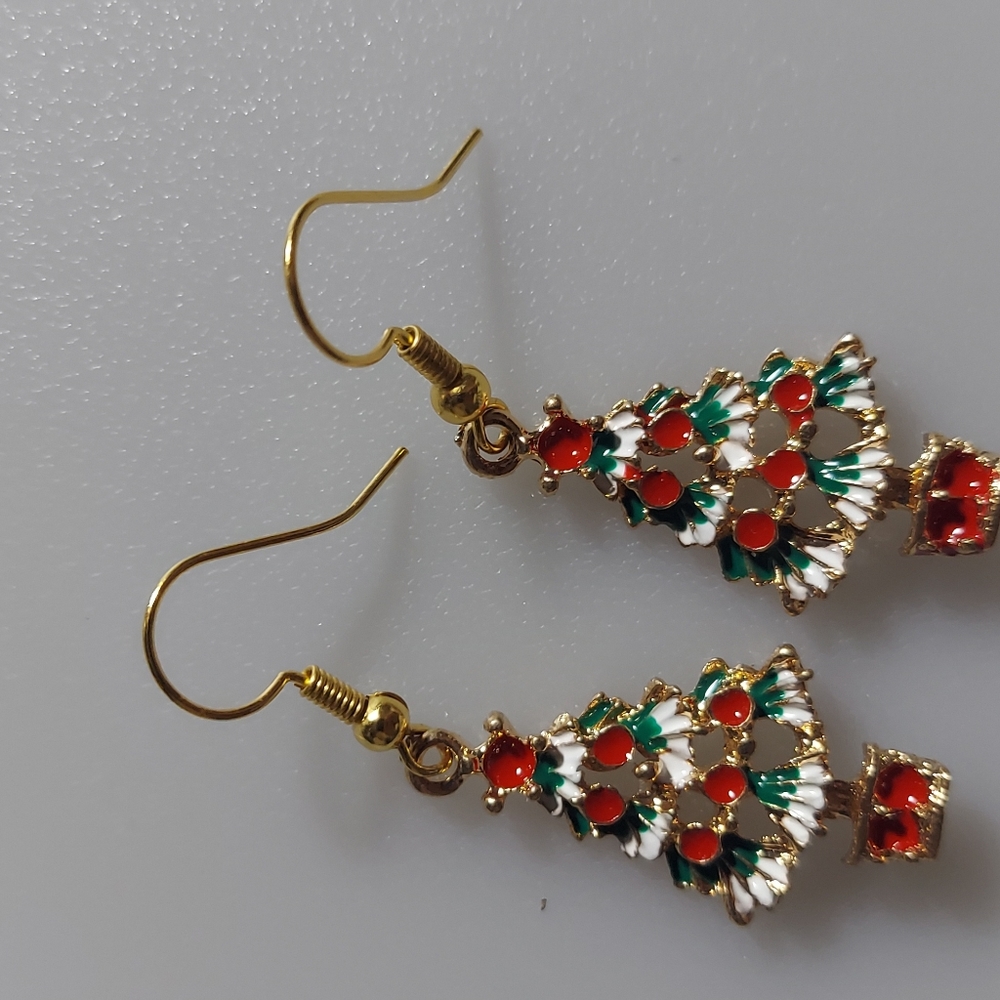 Christmas tree dangle earrings 14k gold Plated hook